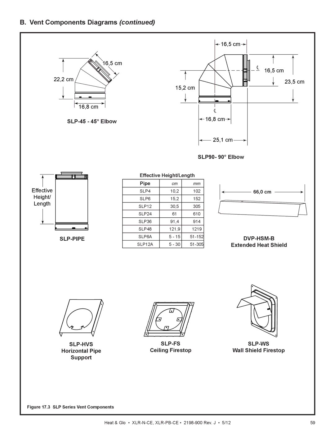 Heat & Glo LifeStyle XLR-PB-CE, XLR-N-CE SLP-45 45 Elbow, SLP90- 90 Elbow, Extended Heat Shield, Ceiling Firestop, Support 