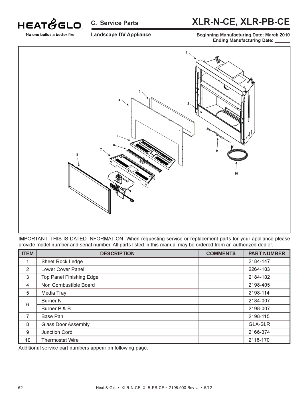 Heat & Glo LifeStyle XLR-N-CE, XLR-PB-CE manual Service Parts, Landscape DV Appliance 