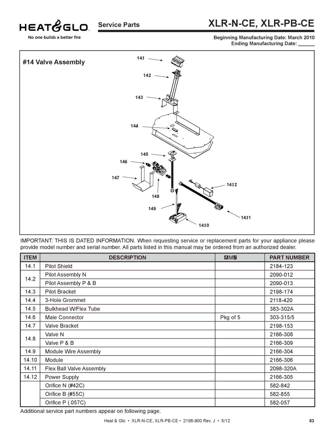 Heat & Glo LifeStyle XLR-PB-CE, XLR-N-CE manual #14 Valve Assembly 