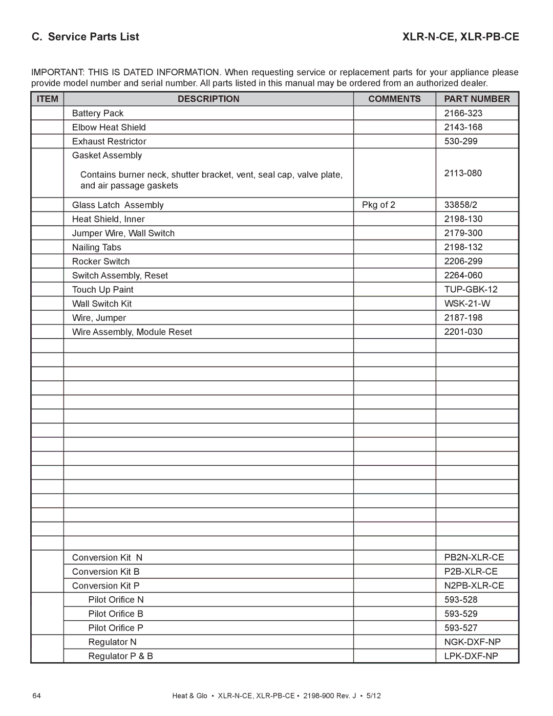 Heat & Glo LifeStyle XLR-N-CE, XLR-PB-CE manual Service Parts List, Xlr-N-Ce, Xlr-Pb-Ce 