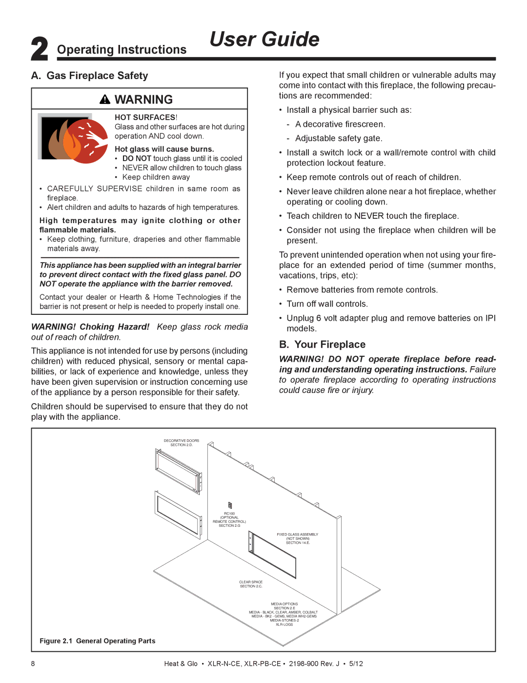 Heat & Glo LifeStyle XLR-N-CE, XLR-PB-CE manual Operating Instructions User Guide, Gas Fireplace Safety, Your Fireplace 