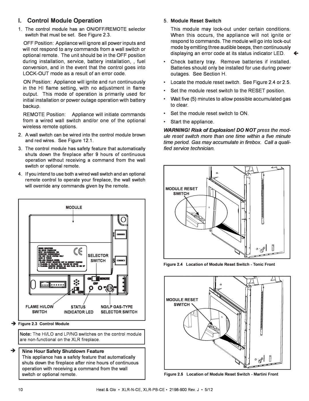 Heat & Glo LifeStyle XLR-N-CE manual I. Control Module Operation, Nine Hour Safety Shutdown Feature, Module Reset Switch 