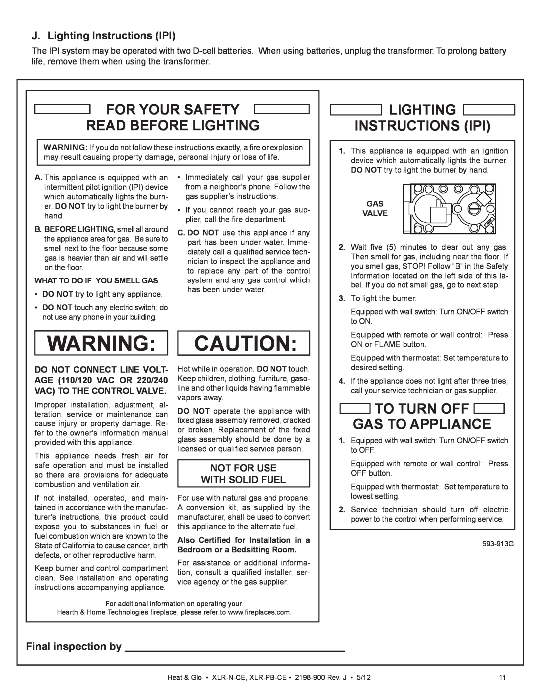 Heat & Glo LifeStyle XLR-PB-CE J. Lighting Instructions IPI, Final inspection by, For Your Safety Read Before Lighting 