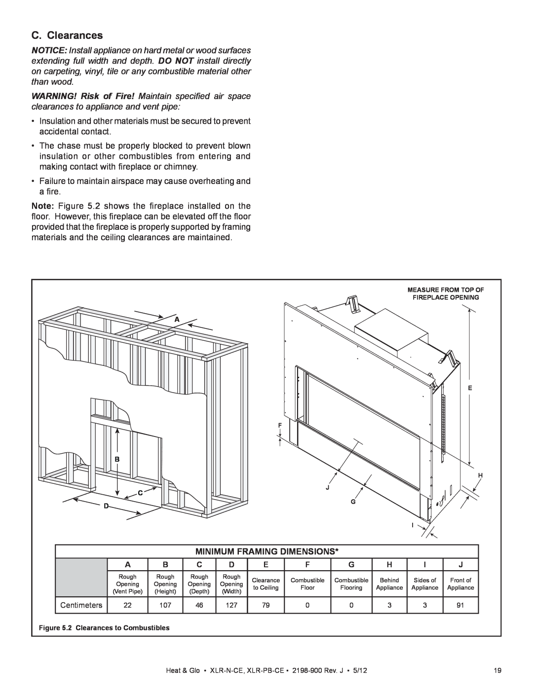 Heat & Glo LifeStyle XLR-PB-CE, XLR-N-CE manual C. Clearances, Minimum Framing Dimensions 