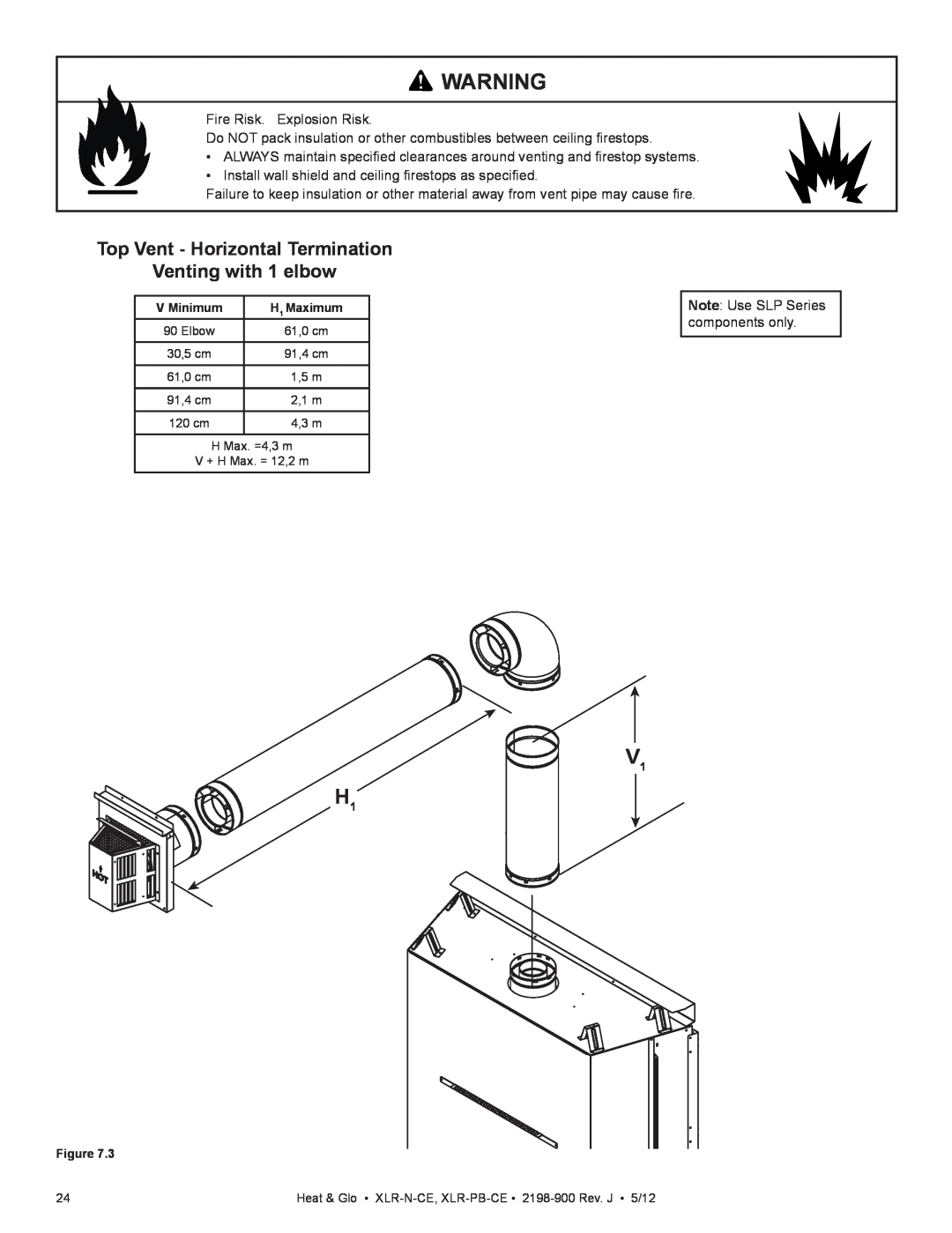 Heat & Glo LifeStyle XLR-N-CE, XLR-PB-CE manual Top Vent - Horizontal Termination, Venting with 1 elbow 