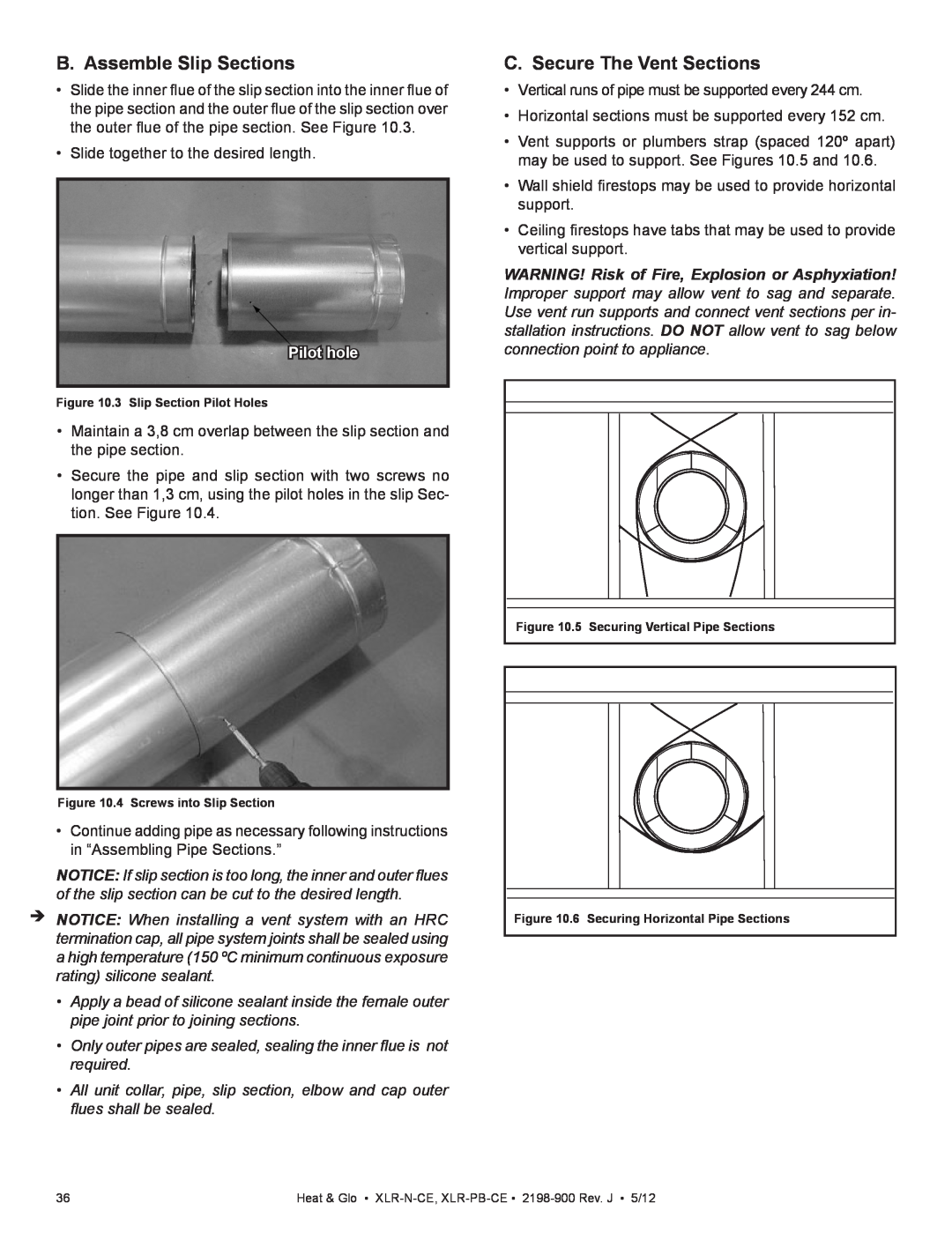 Heat & Glo LifeStyle XLR-N-CE, XLR-PB-CE manual B. Assemble Slip Sections, C. Secure The Vent Sections, Pilot hole 