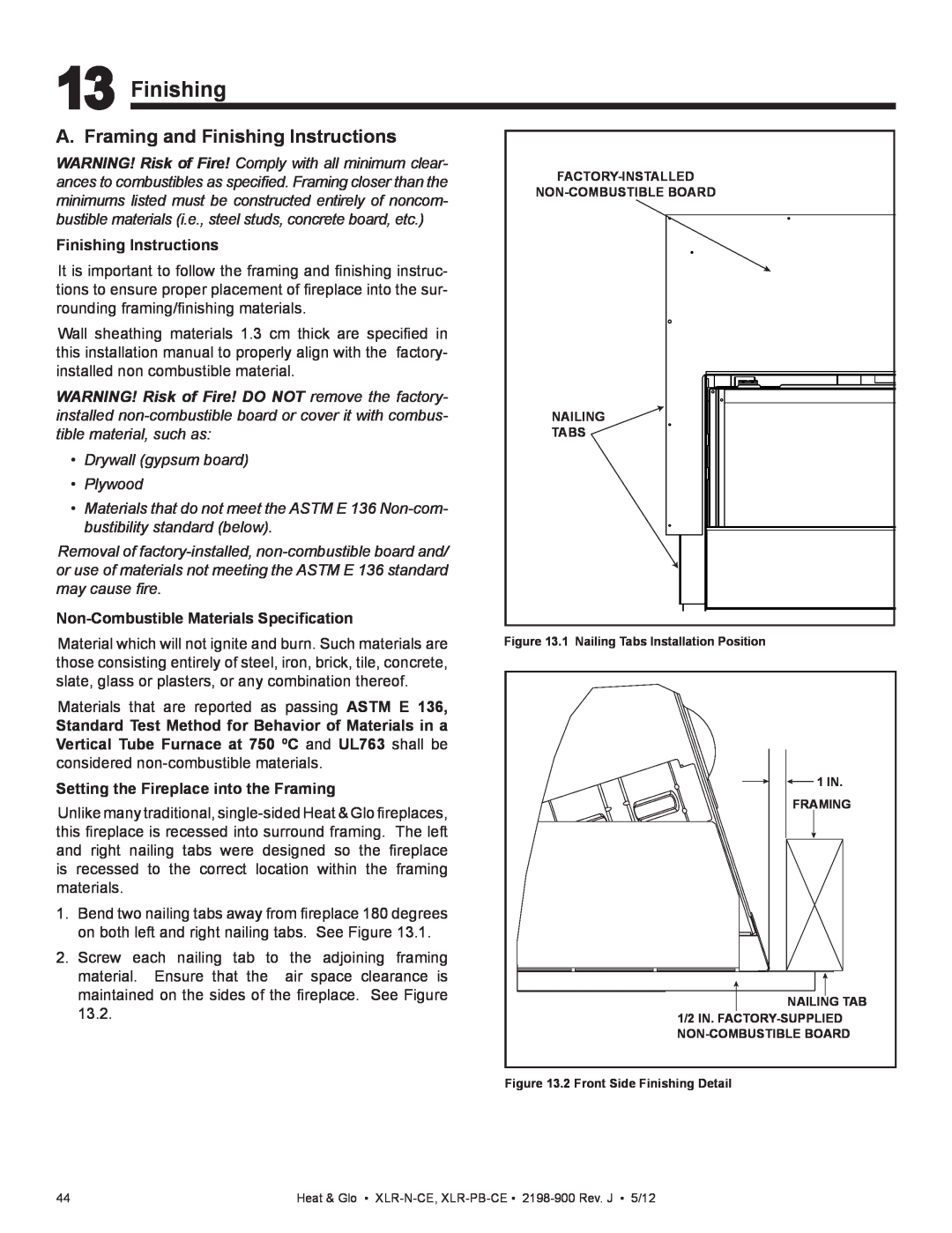 Heat & Glo LifeStyle XLR-N-CE, XLR-PB-CE manual A. Framing and Finishing Instructions, •Drywall gypsum board •Plywood 