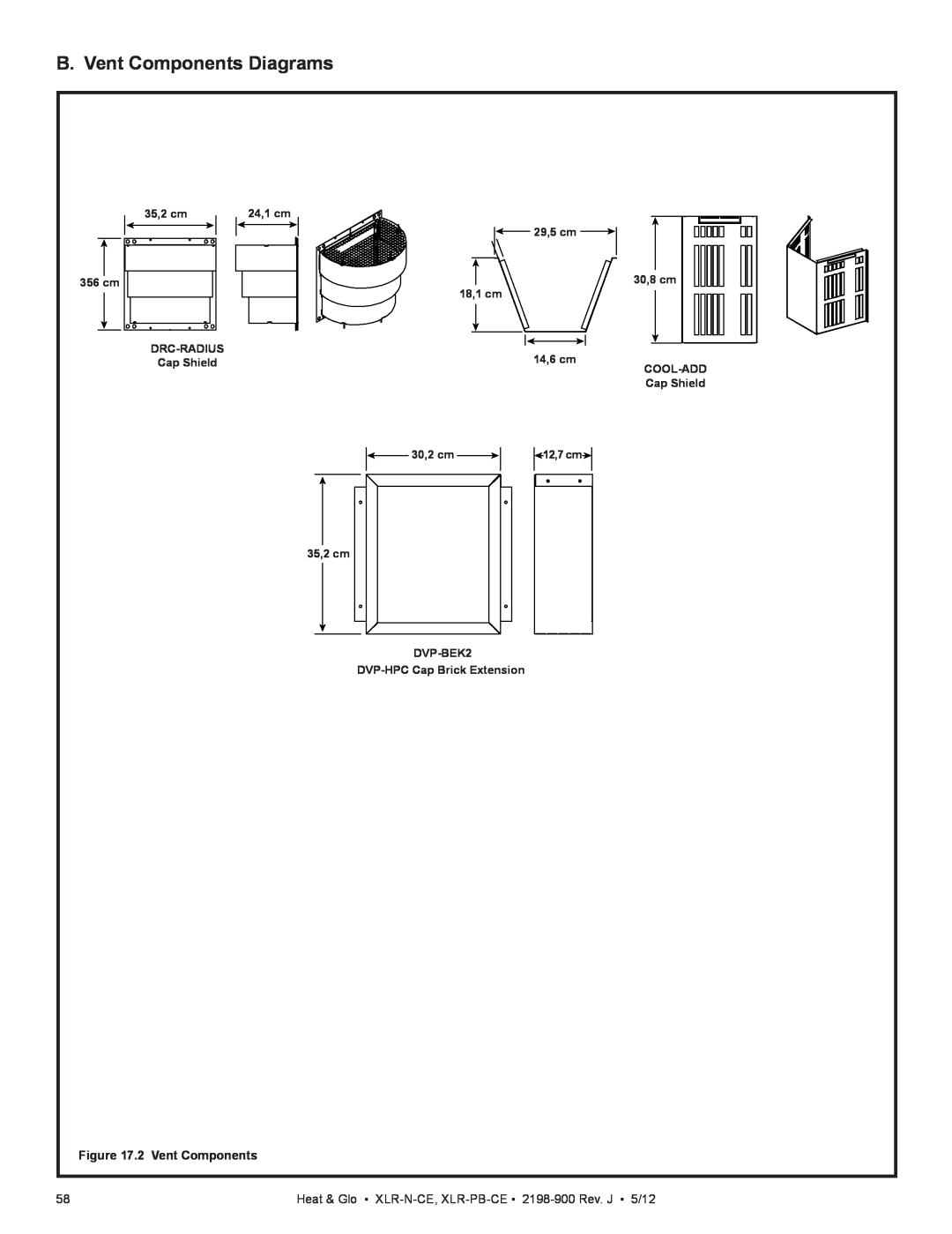 Heat & Glo LifeStyle XLR-N-CE B. Vent Components Diagrams, 2 Vent Components, 35,2 cm, 24,1 cm, 29,5 cm, 356 cm, 18,1 cm 