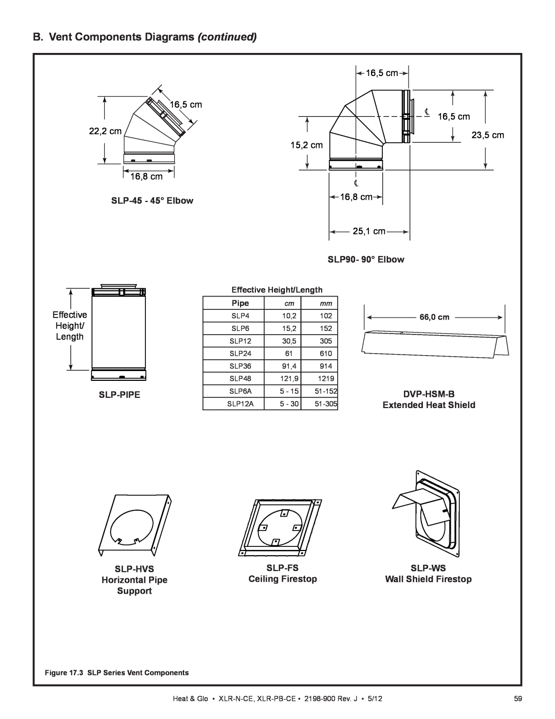 Heat & Glo LifeStyle XLR-PB-CE B. Vent Components Diagrams continued, SLP-45- 45 Elbow, SLP90- 90 Elbow, Effective, Height 