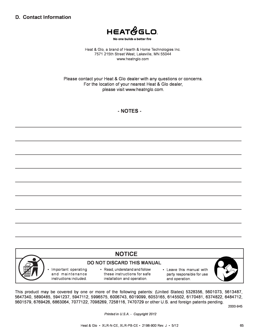 Heat & Glo LifeStyle XLR-PB-CE, XLR-N-CE manual D. Contact Information, Notice 