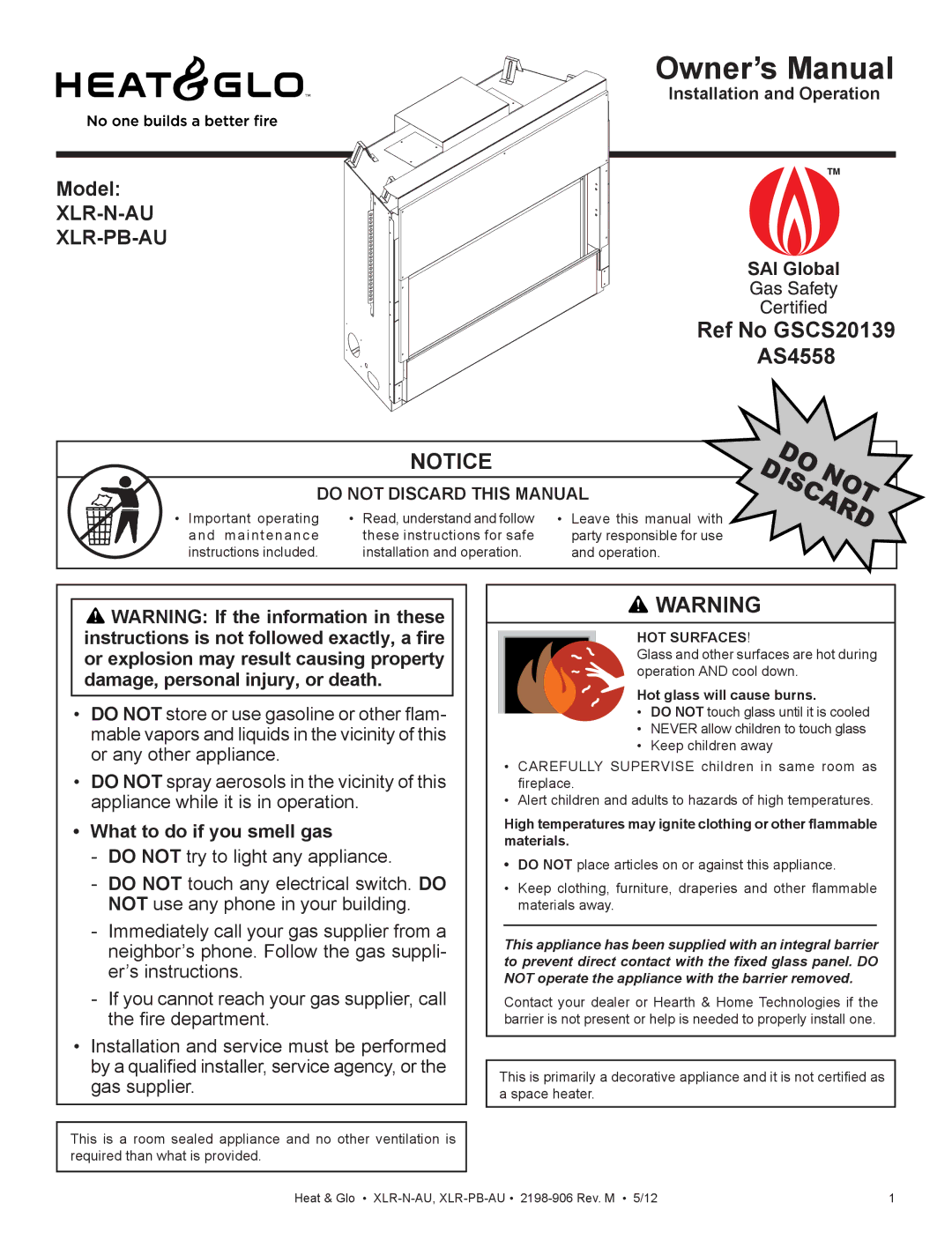 Heat & Glo LifeStyle XLR-N-AU, XLR-PB-AU manual Ref No GSCS20139 AS4558, SAI Global, What to do if you smell gas 