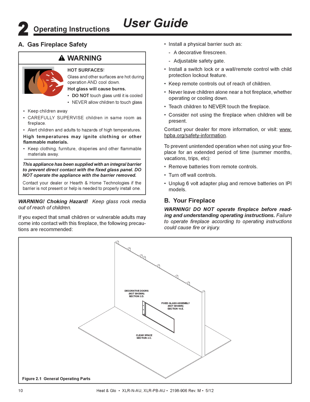 Heat & Glo LifeStyle XLR-PB-AU, XLR-N-AU manual Operating Instructions User Guide, Gas Fireplace Safety, Your Fireplace 