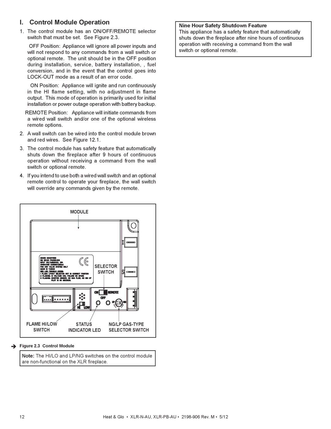 Heat & Glo LifeStyle XLR-PB-AU, XLR-N-AU manual Control Module Operation, Nine Hour Safety Shutdown Feature 