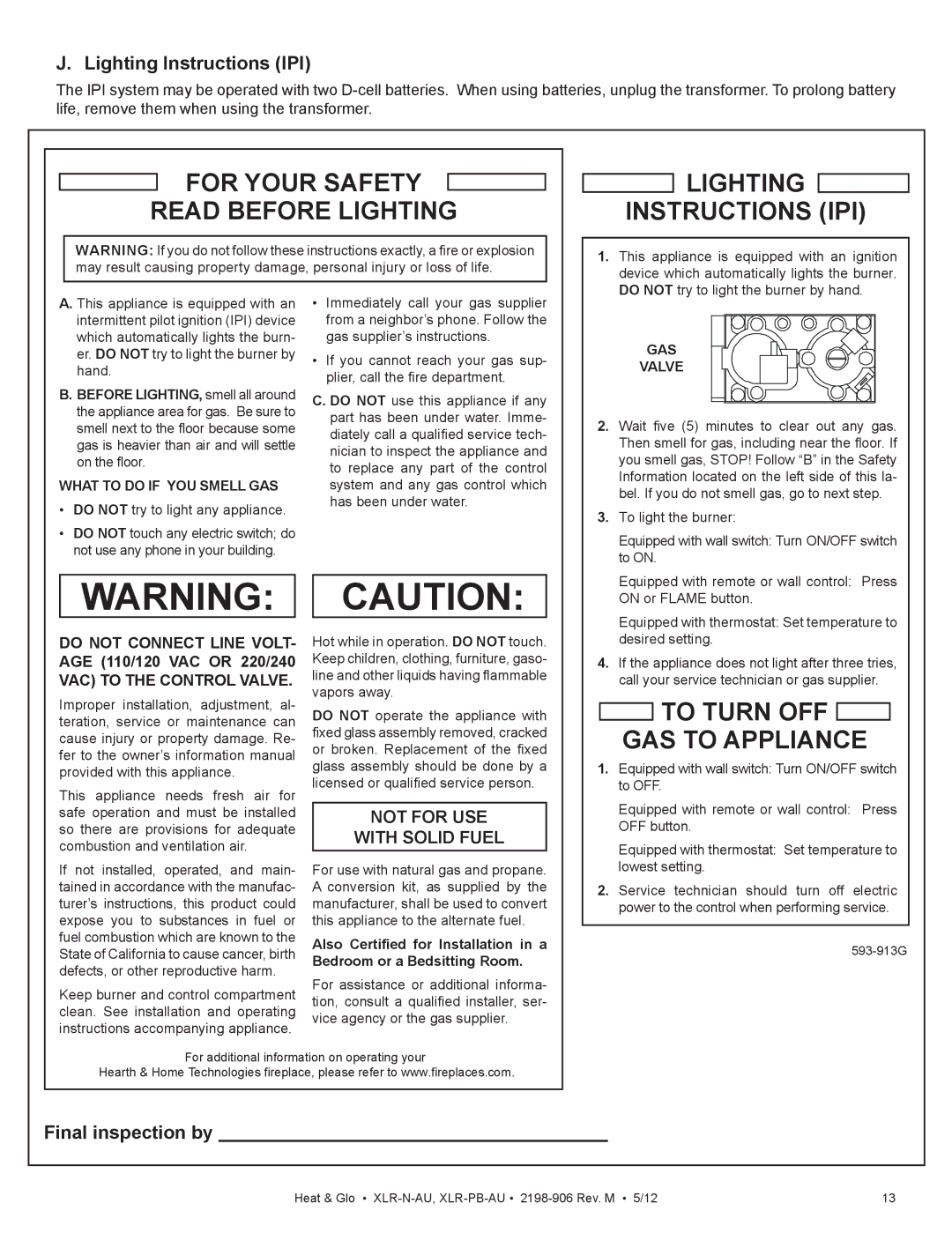 Heat & Glo LifeStyle XLR-N-AU, XLR-PB-AU manual Lighting Instructions IPI, Final inspection by, AGE 110/120 VAC or 220/240 