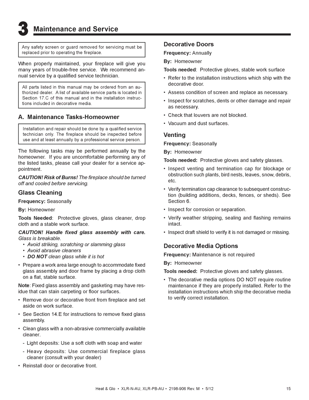 Heat & Glo LifeStyle XLR-N-AU manual Maintenance and Service, Maintenance Tasks-Homeowner, Glass Cleaning, Decorative Doors 