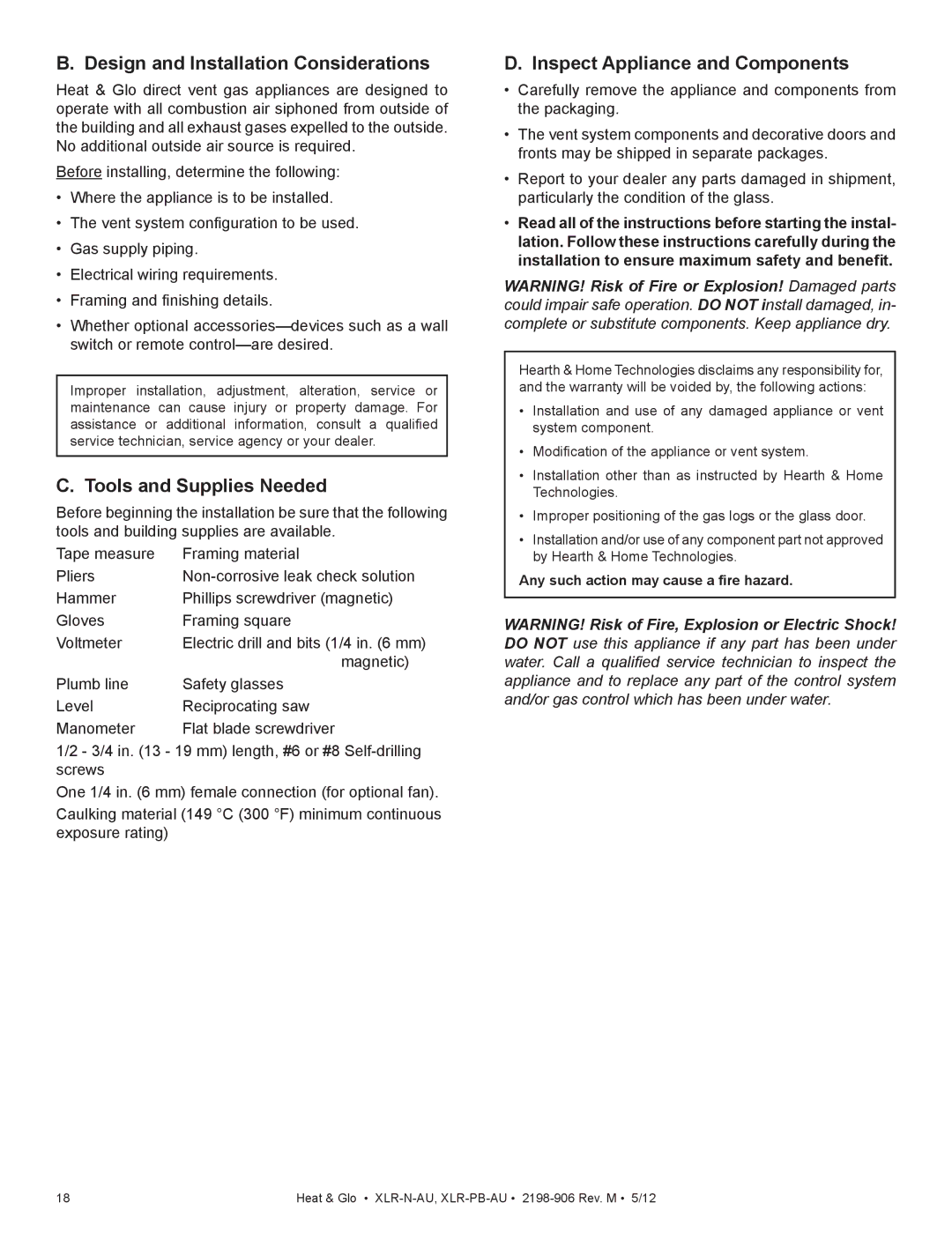 Heat & Glo LifeStyle XLR-PB-AU, XLR-N-AU manual Design and Installation Considerations, Tools and Supplies Needed 