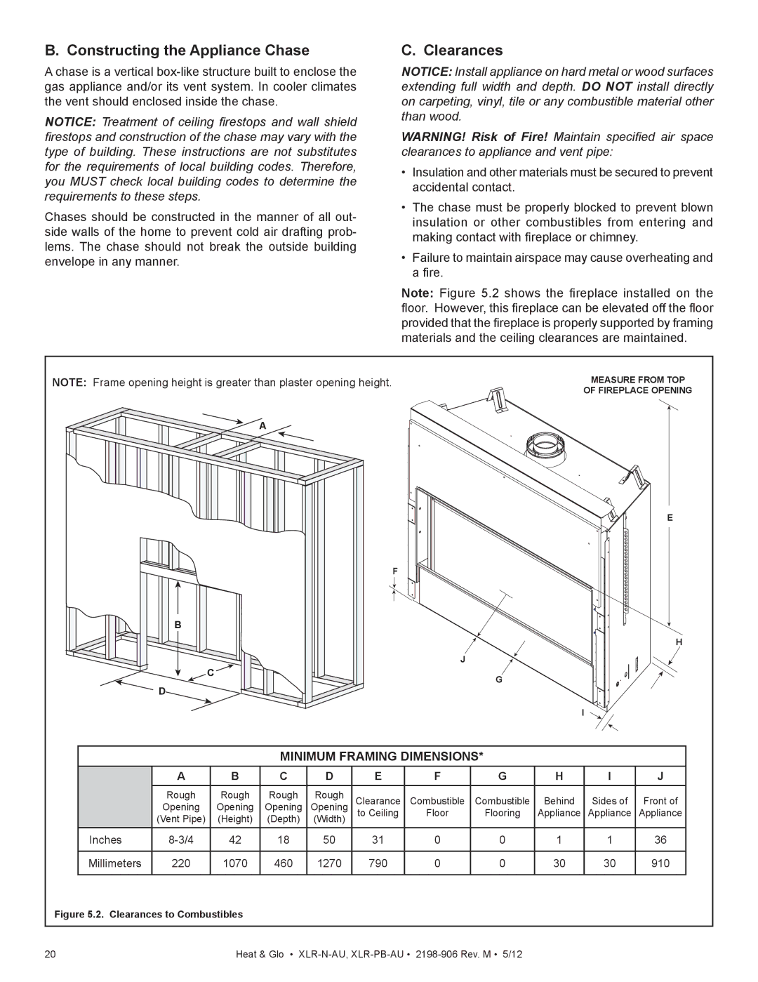 Heat & Glo LifeStyle XLR-PB-AU, XLR-N-AU manual Constructing the Appliance Chase, Clearances 