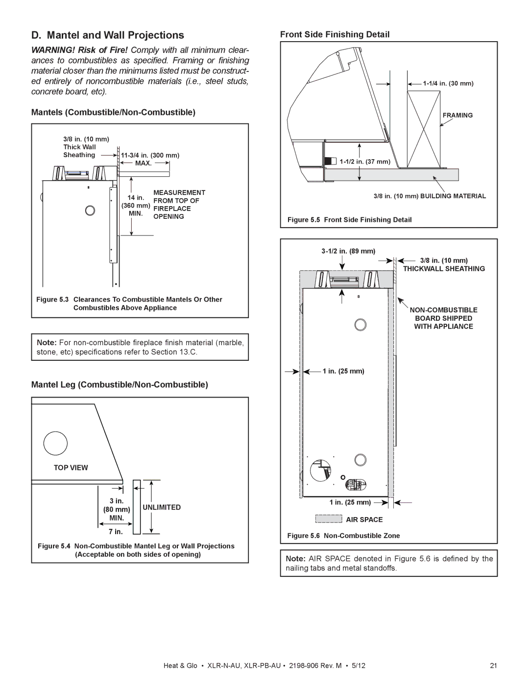 Heat & Glo LifeStyle XLR-N-AU, XLR-PB-AU manual Mantel and Wall Projections, Mantels Combustible/Non-Combustible 