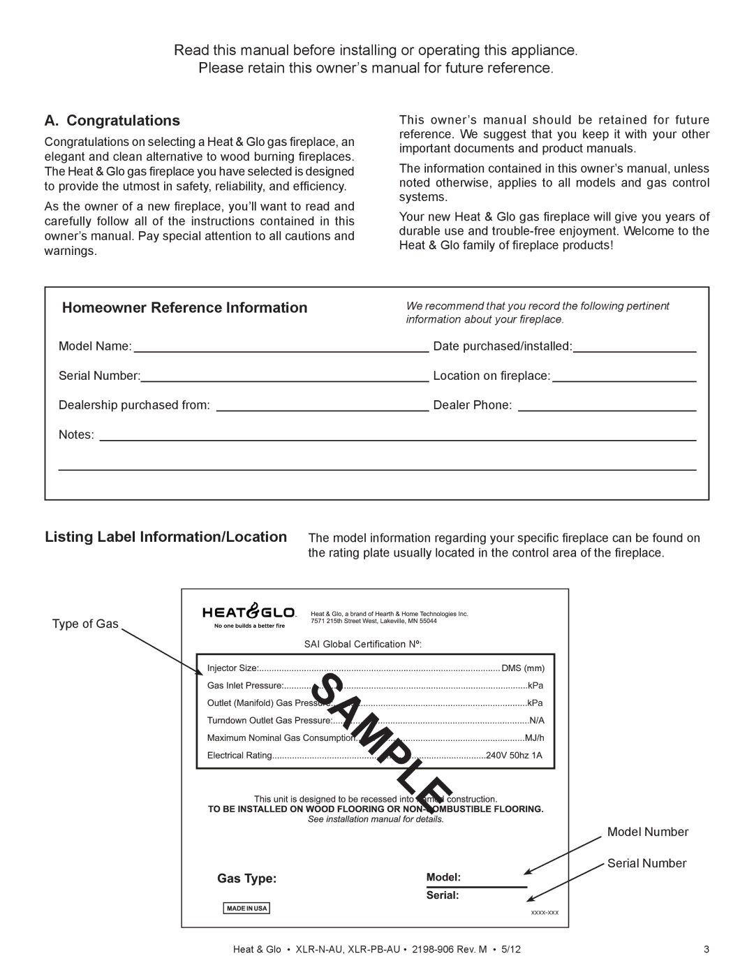 Heat & Glo LifeStyle XLR-N-AU, XLR-PB-AU manual Congratulations, Homeowner Reference Information 