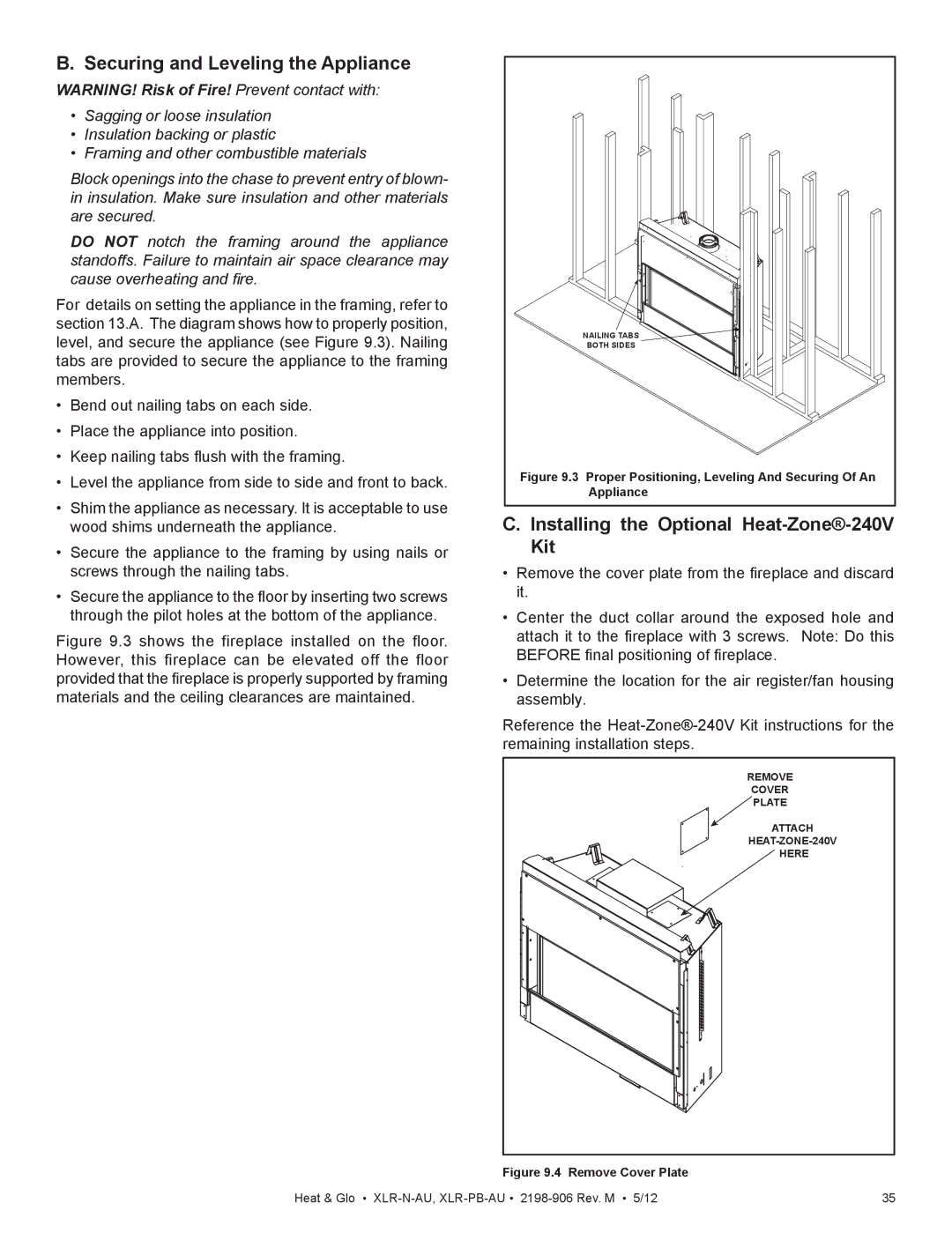 Heat & Glo LifeStyle XLR-N-AU, XLR-PB-AU Securing and Leveling the Appliance, Installing the Optional Heat-Zone-240V Kit 