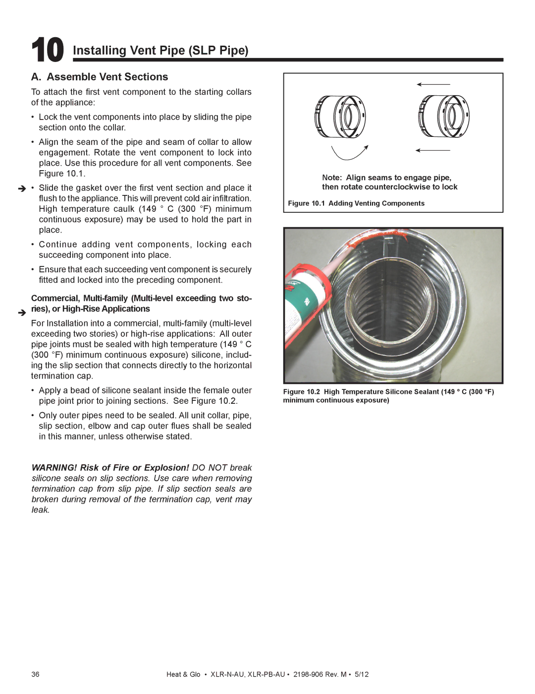 Heat & Glo LifeStyle XLR-PB-AU, XLR-N-AU manual Installing Vent Pipe SLP Pipe, Assemble Vent Sections 