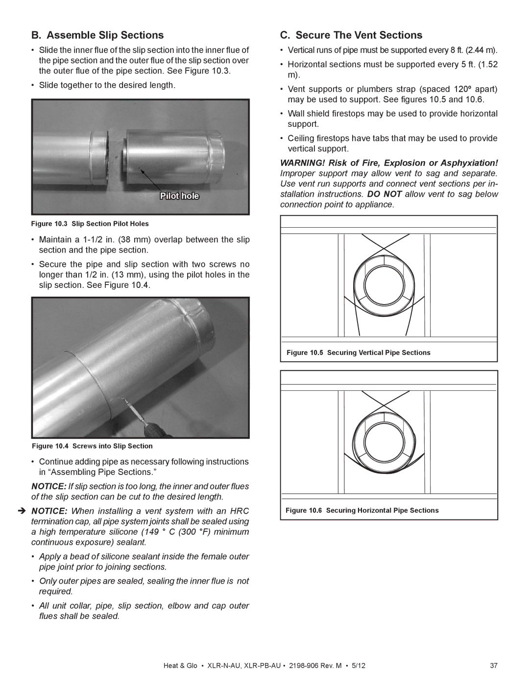 Heat & Glo LifeStyle XLR-N-AU, XLR-PB-AU manual Assemble Slip Sections, Secure The Vent Sections 