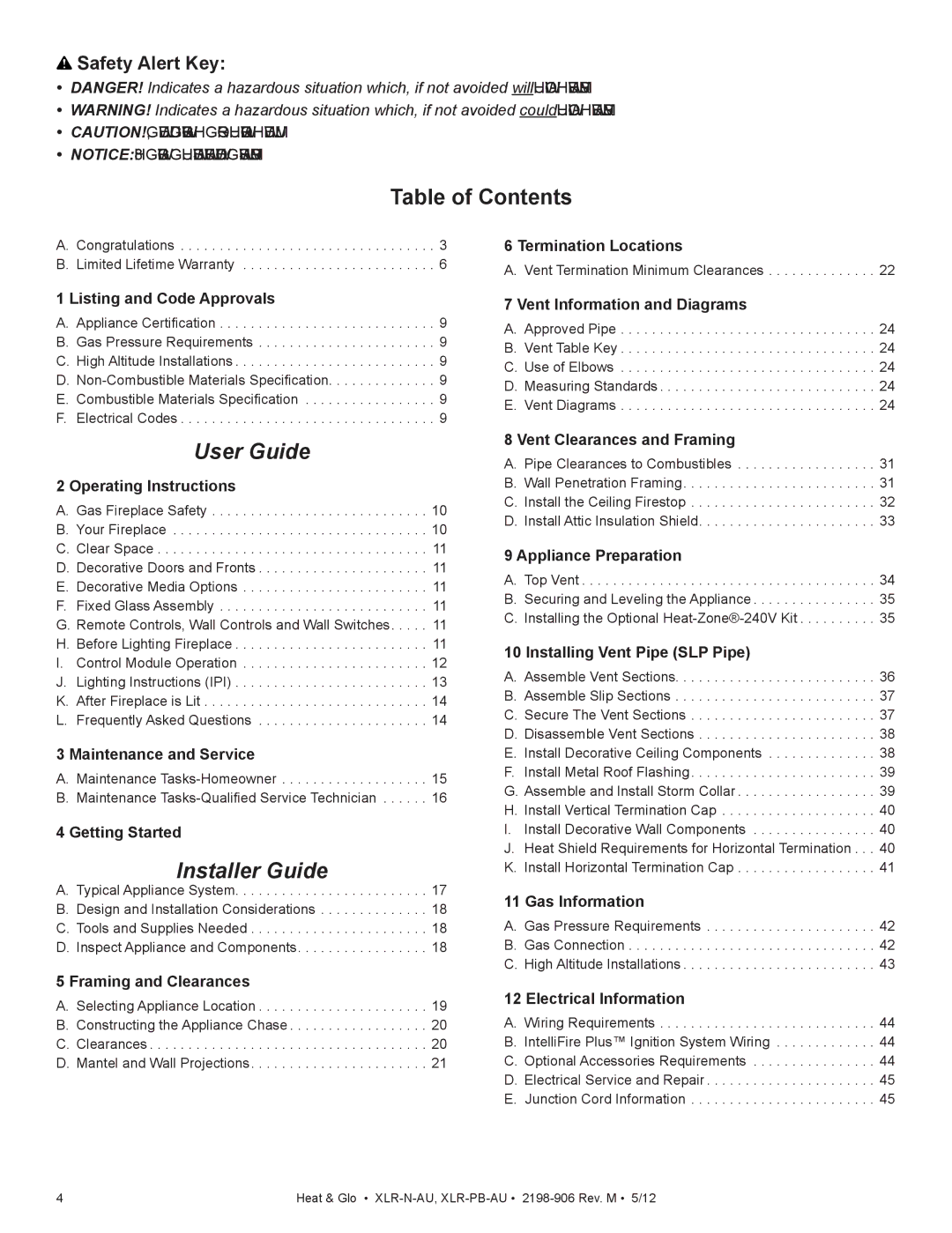 Heat & Glo LifeStyle XLR-PB-AU, XLR-N-AU manual Table of Contents, User Guide 