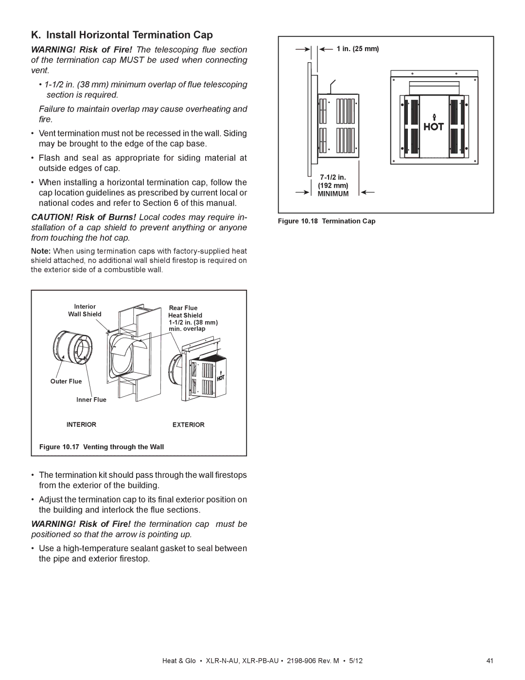 Heat & Glo LifeStyle XLR-N-AU, XLR-PB-AU manual Install Horizontal Termination Cap, Venting through the Wall 