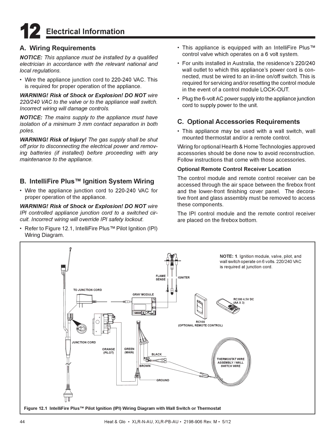 Heat & Glo LifeStyle XLR-PB-AU manual Electrical Information, Wiring Requirements, IntelliFire Plus Ignition System Wiring 