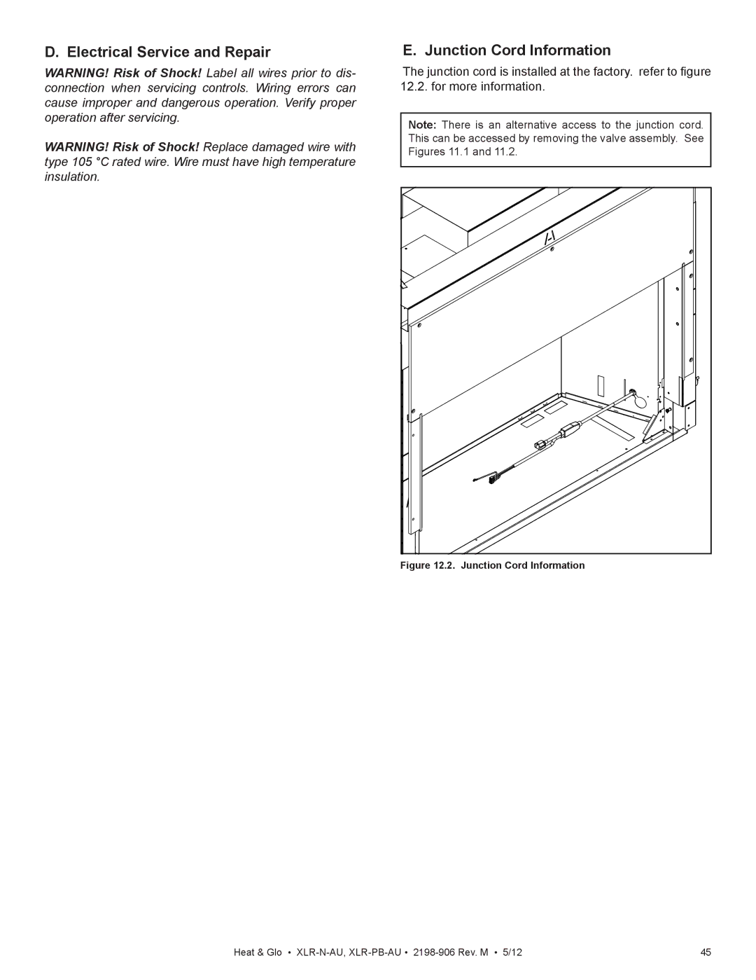 Heat & Glo LifeStyle XLR-N-AU, XLR-PB-AU manual Electrical Service and Repair Junction Cord Information 