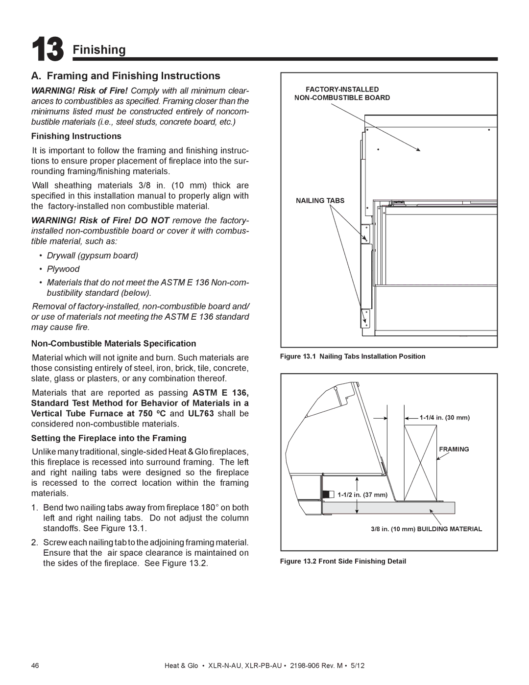 Heat & Glo LifeStyle XLR-PB-AU, XLR-N-AU Framing and Finishing Instructions, Non-Combustible Materials Specification 