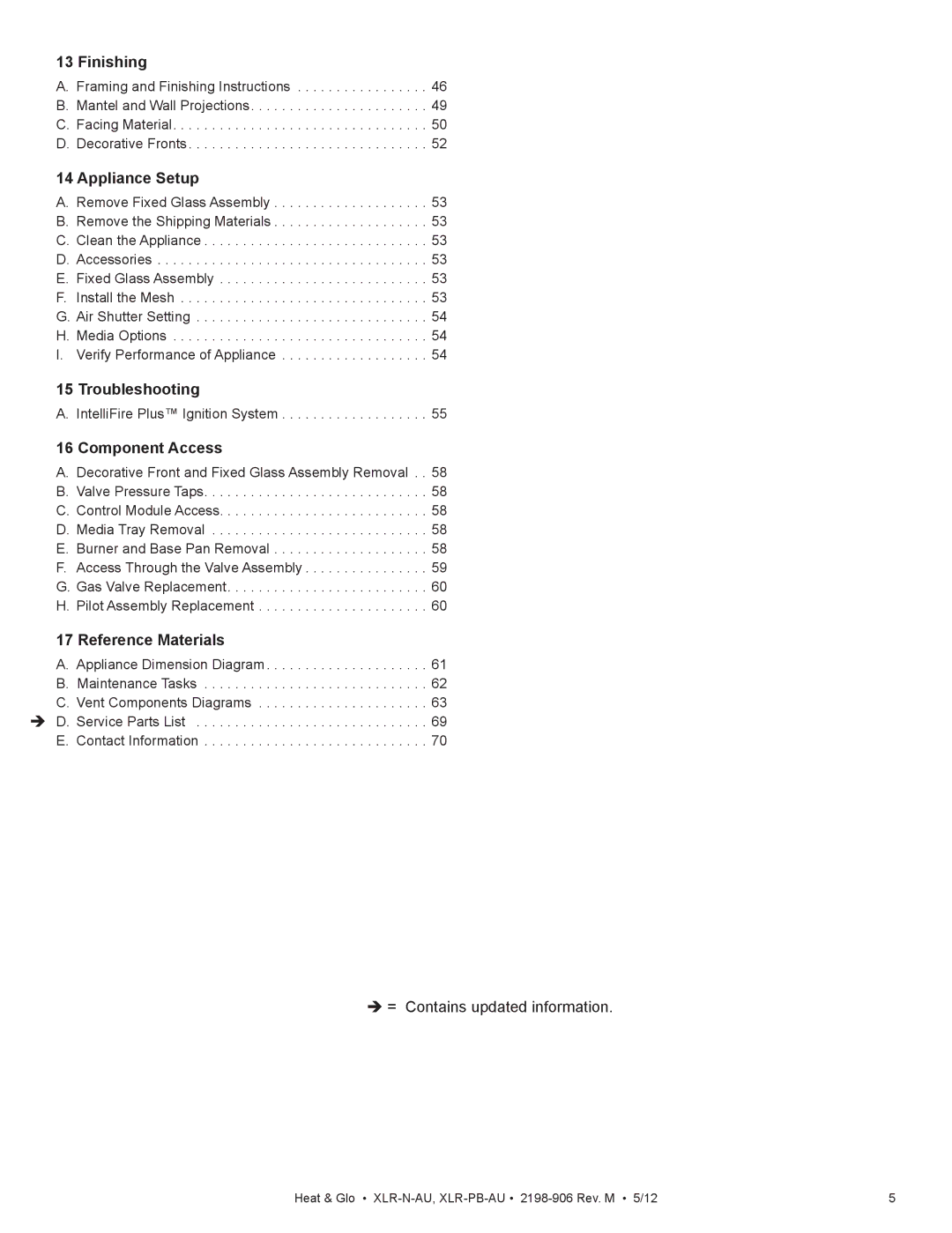 Heat & Glo LifeStyle XLR-N-AU manual Finishing, Appliance Setup, Troubleshooting, Component Access, Reference Materials 