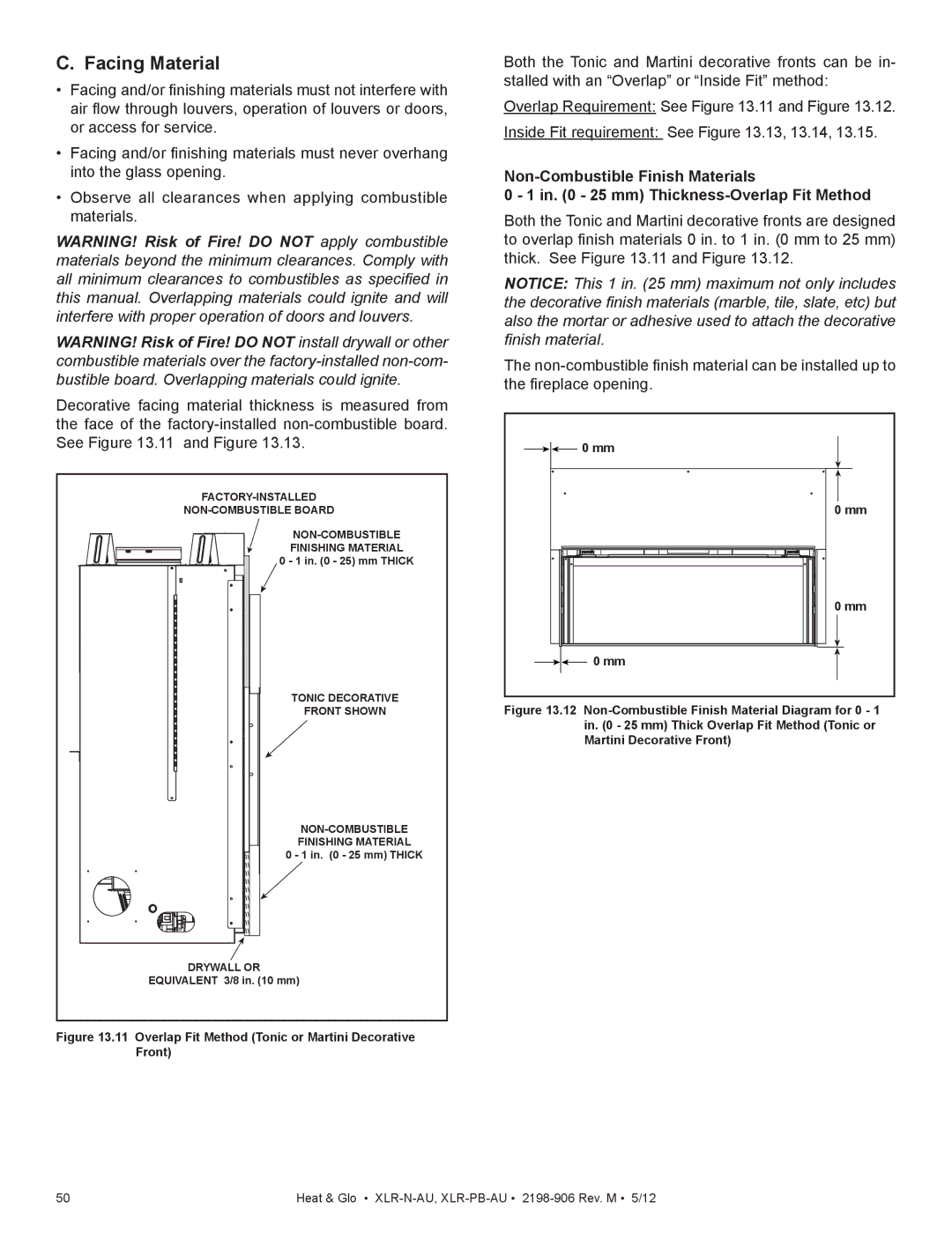 Heat & Glo LifeStyle XLR-PB-AU, XLR-N-AU manual Facing Material, Overlap Fit Method Tonic or Martini Decorative Front 