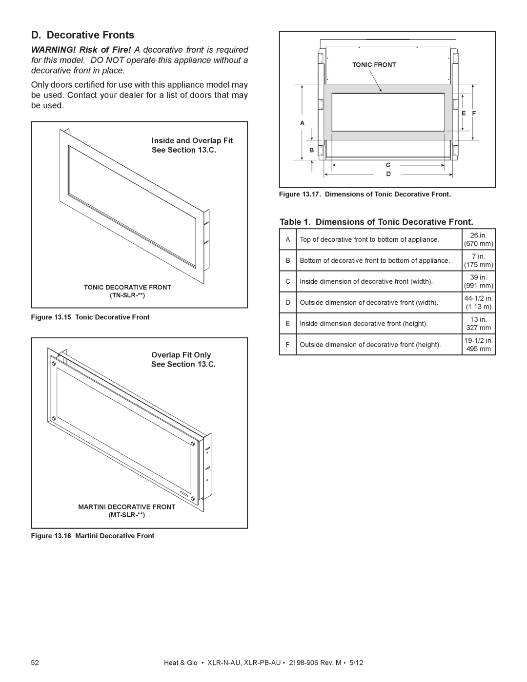 Heat & Glo LifeStyle XLR-PB-AU, XLR-N-AU manual Decorative Fronts, Dimensions of Tonic Decorative Front 