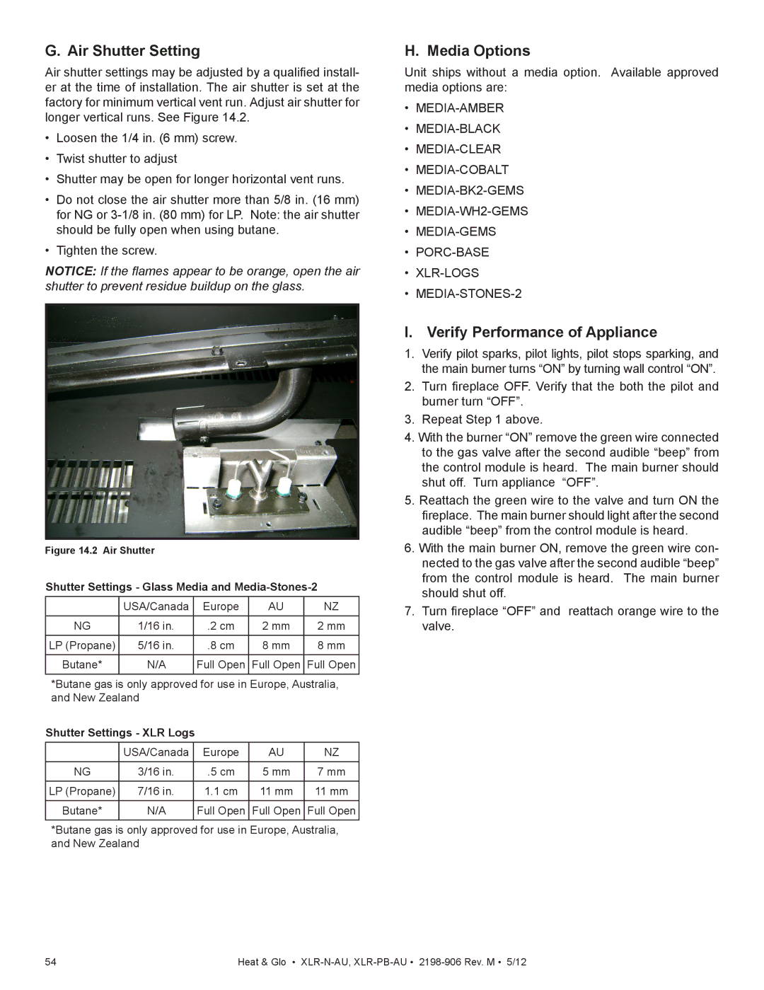 Heat & Glo LifeStyle XLR-PB-AU, XLR-N-AU manual Air Shutter Setting, Media Options, Verify Performance of Appliance 