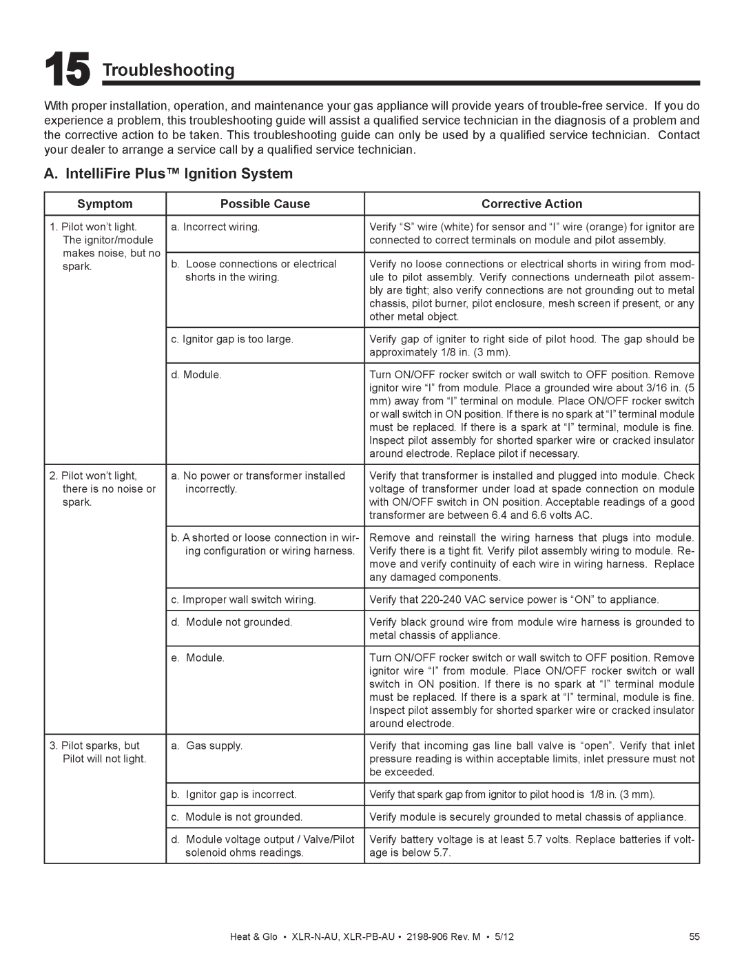 Heat & Glo LifeStyle XLR-N-AU Troubleshooting, IntelliFire Plus Ignition System, Symptom Possible Cause Corrective Action 