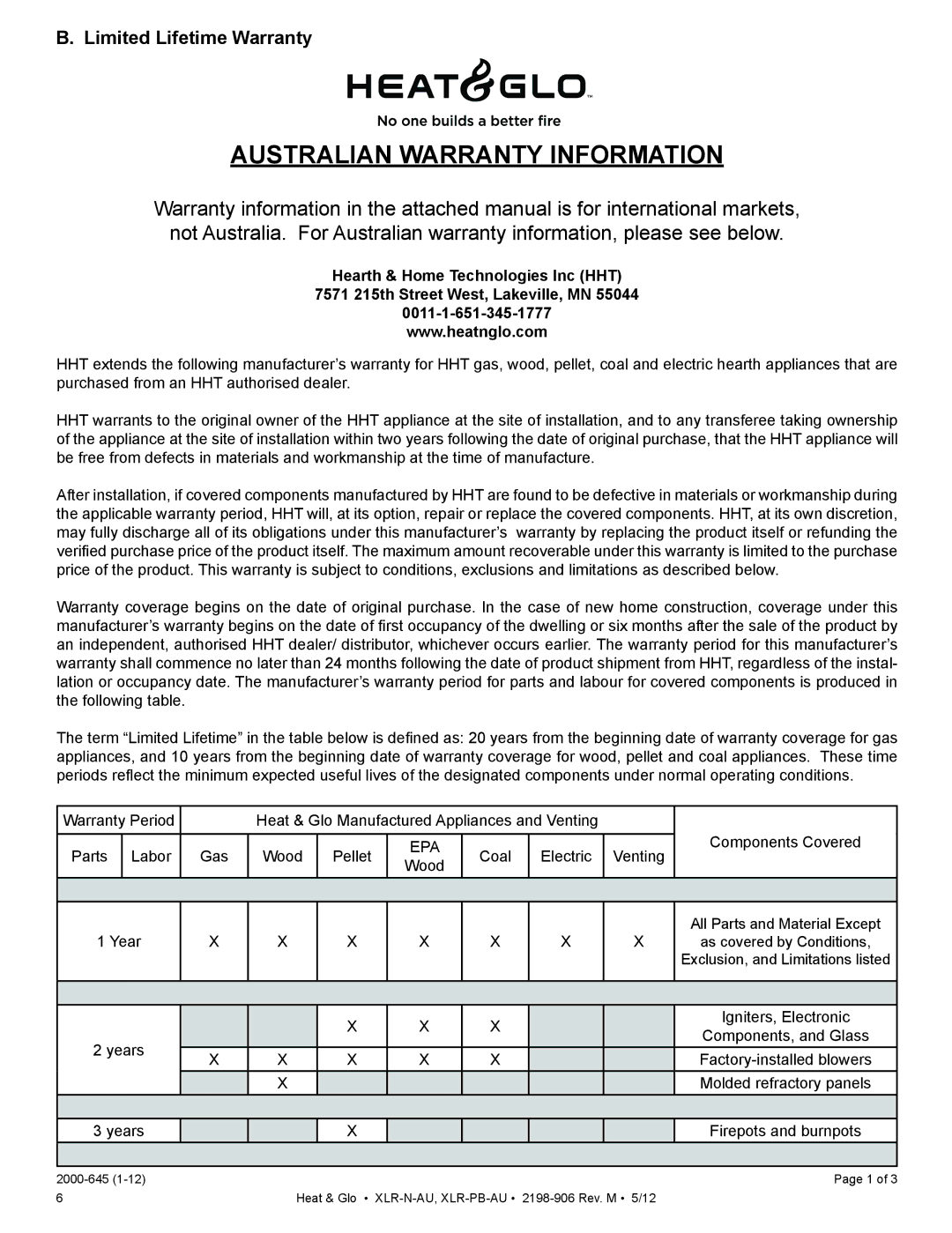 Heat & Glo LifeStyle XLR-PB-AU, XLR-N-AU manual Australian Warranty Information, Limited Lifetime Warranty 