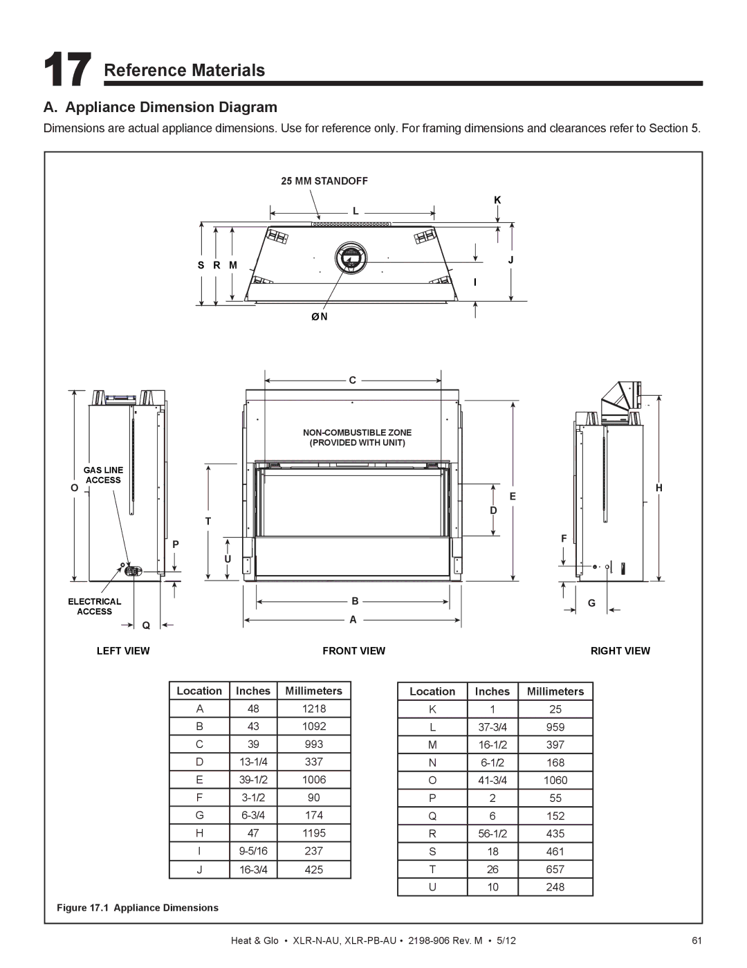 Heat & Glo LifeStyle XLR-N-AU, XLR-PB-AU manual Reference Materials, Appliance Dimension Diagram 