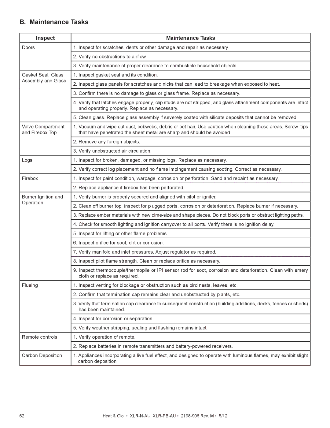 Heat & Glo LifeStyle XLR-PB-AU, XLR-N-AU manual Inspect Maintenance Tasks 