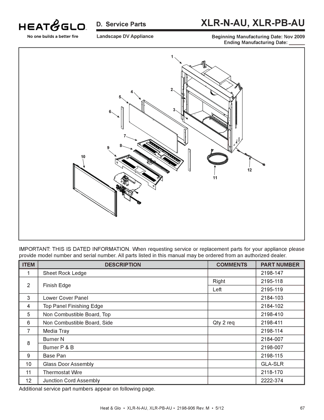 Heat & Glo LifeStyle XLR-N-AU, XLR-PB-AU manual Xlr-N-Au, Xlr-Pb-Au, Service Parts 