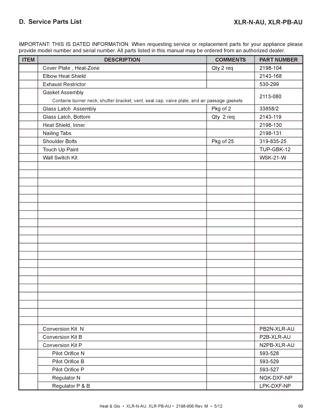 Heat & Glo LifeStyle XLR-N-AU, XLR-PB-AU manual Service Parts List, Xlr-N-Au, Xlr-Pb-Au 