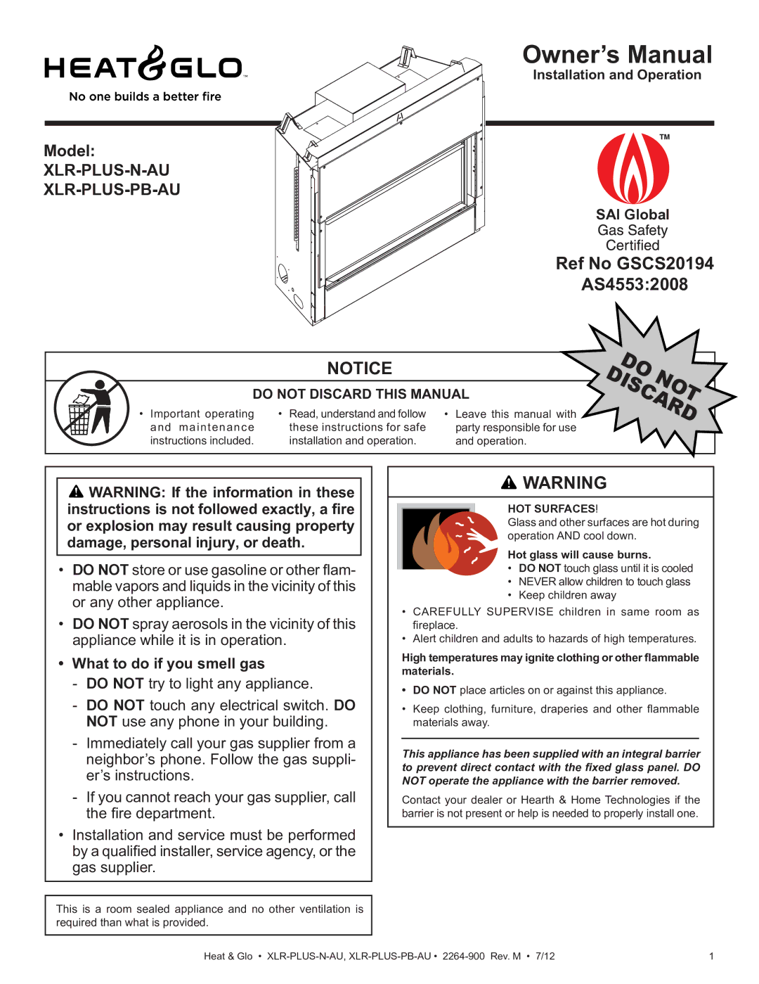 Heat & Glo LifeStyle XLR-PLUS-N-AU manual Ref No GSCS20194 AS45532008, SAI Global, What to do if you smell gas 