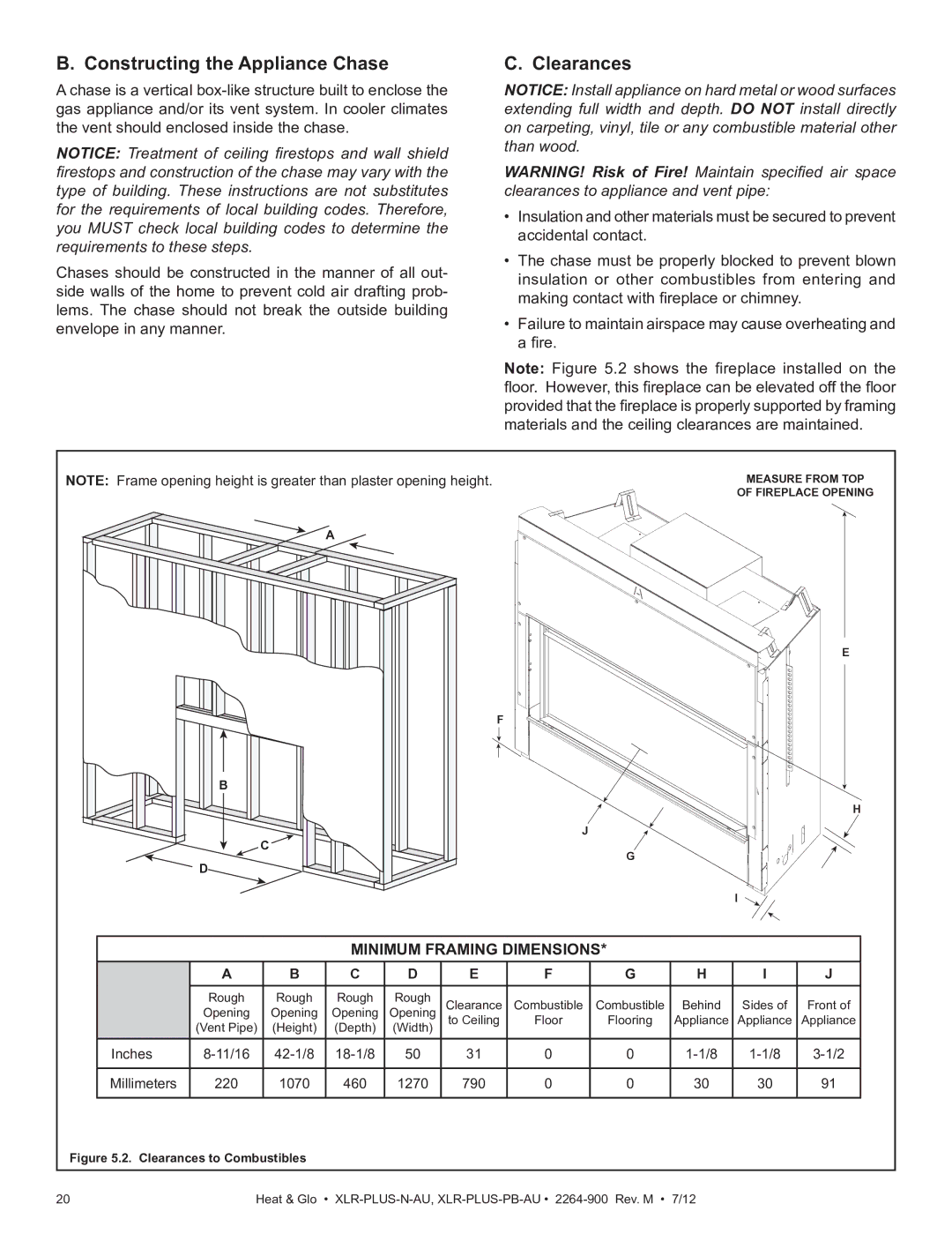 Heat & Glo LifeStyle XLR-PLUS-PB-AU, XLR-PLUS-N-AU manual Constructing the Appliance Chase, Clearances 