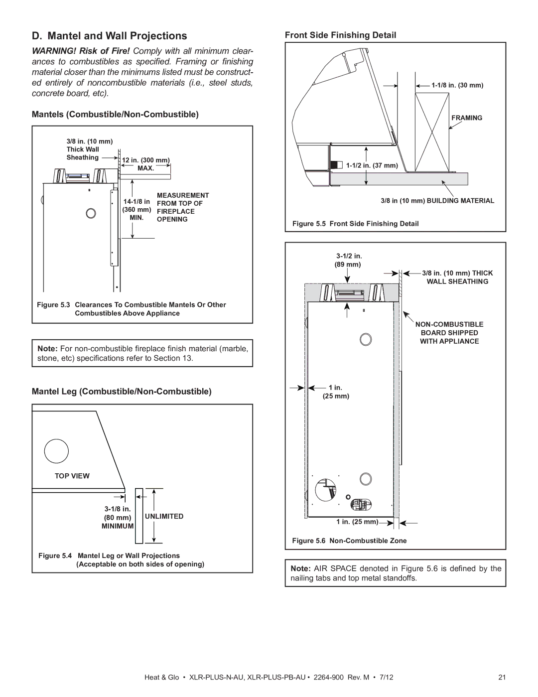 Heat & Glo LifeStyle XLR-PLUS-N-AU, XLR-PLUS-PB-AU manual Mantel and Wall Projections, Mantels Combustible/Non-Combustible 