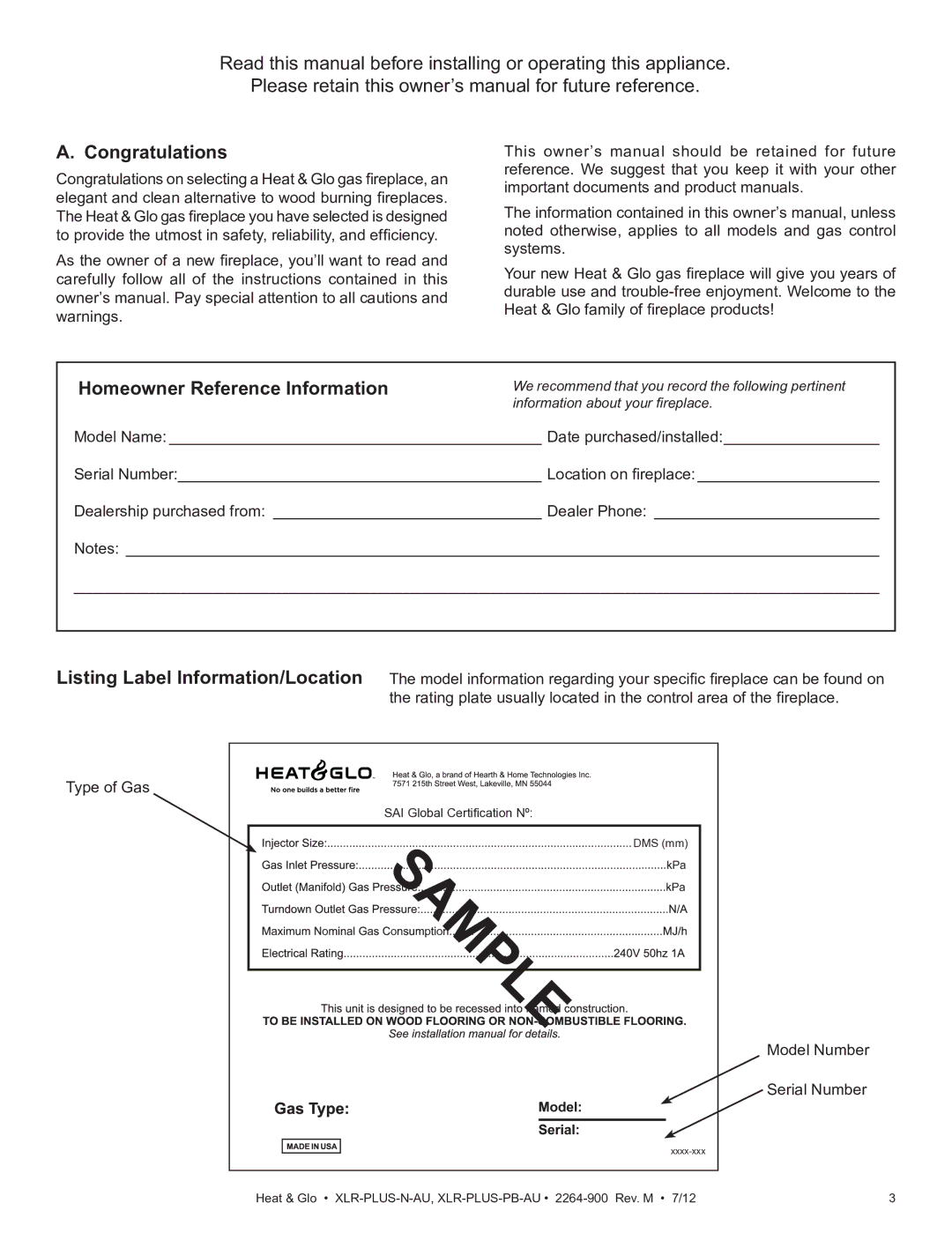 Heat & Glo LifeStyle XLR-PLUS-N-AU, XLR-PLUS-PB-AU manual Congratulations, Homeowner Reference Information 