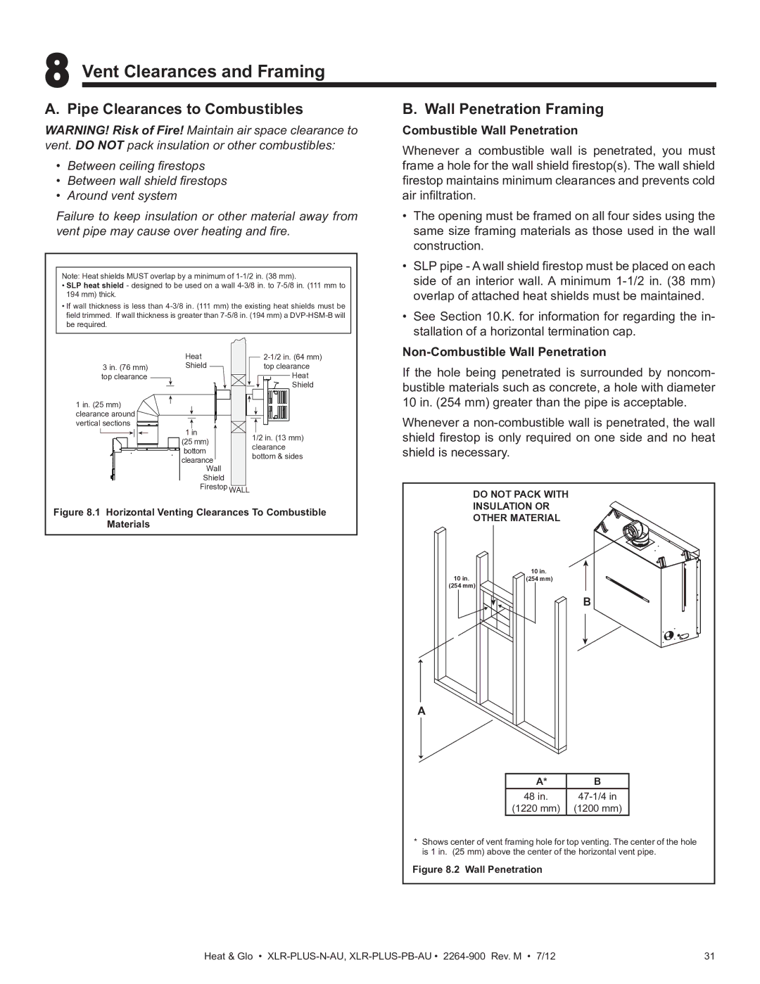 Heat & Glo LifeStyle XLR-PLUS-N-AU Vent Clearances and Framing, Pipe Clearances to Combustibles, Wall Penetration Framing 