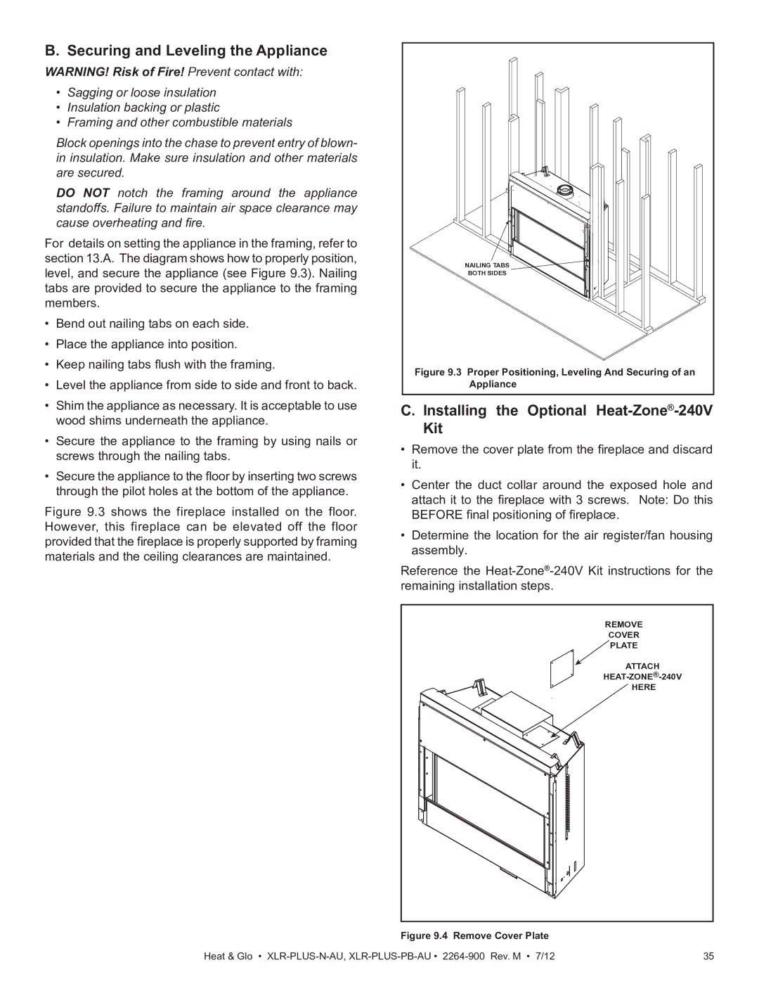 Heat & Glo LifeStyle XLR-PLUS-N-AU manual Securing and Leveling the Appliance, Installing the Optional Heat-Zone-240V Kit 