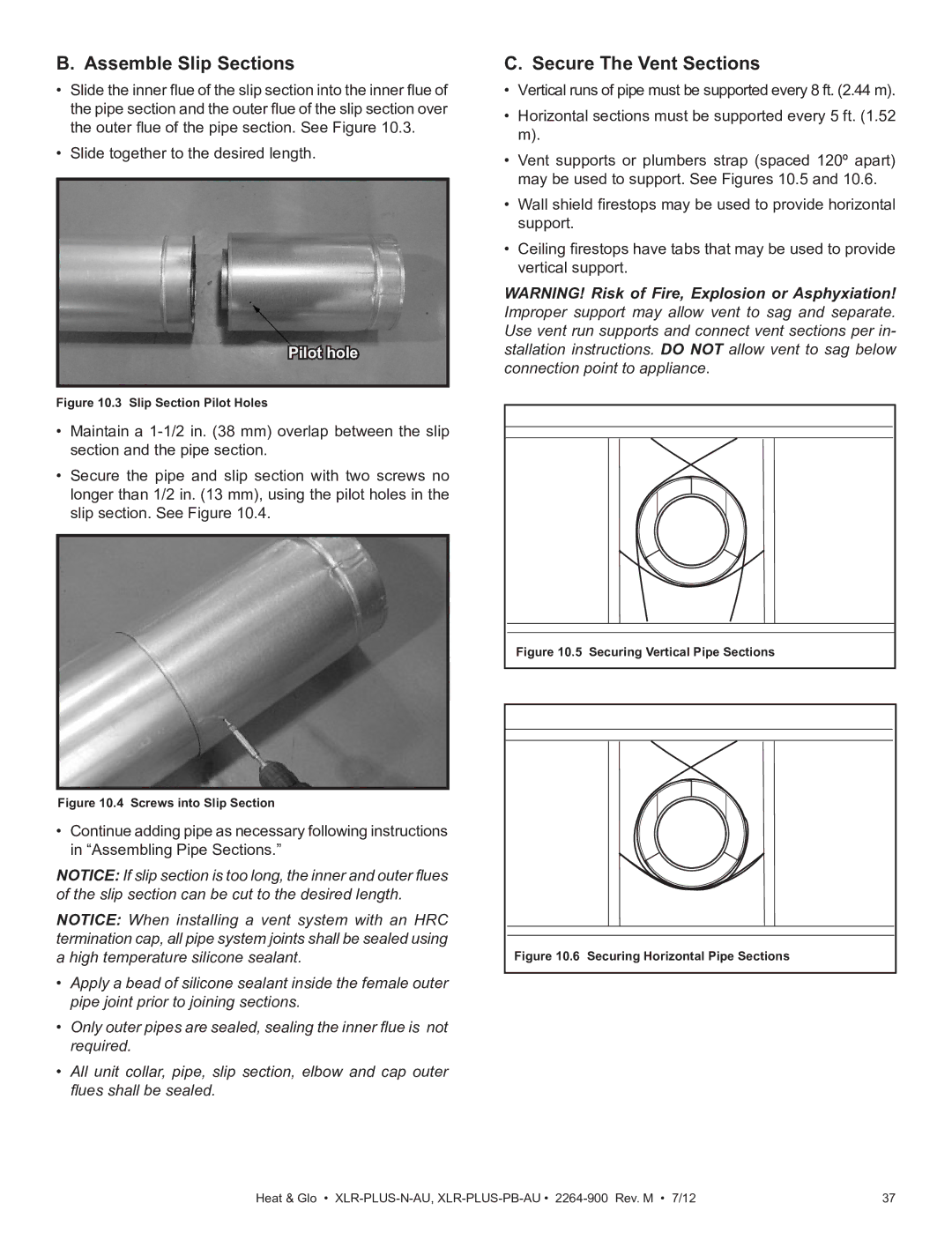 Heat & Glo LifeStyle XLR-PLUS-N-AU, XLR-PLUS-PB-AU manual Assemble Slip Sections, Secure The Vent Sections 