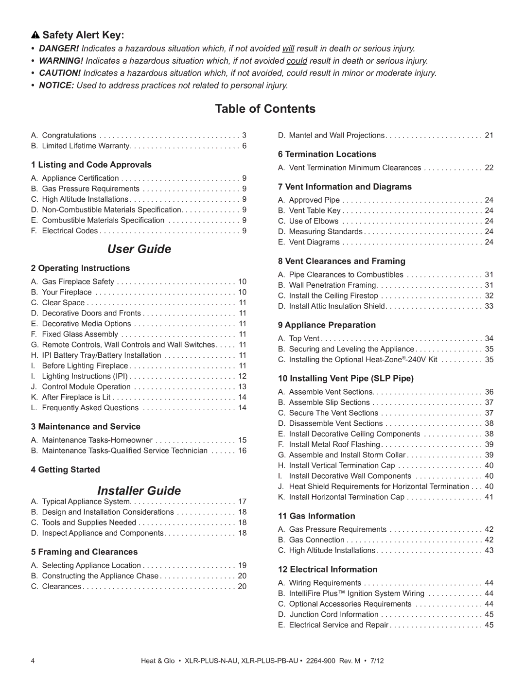 Heat & Glo LifeStyle XLR-PLUS-PB-AU, XLR-PLUS-N-AU manual Table of Contents, User Guide 