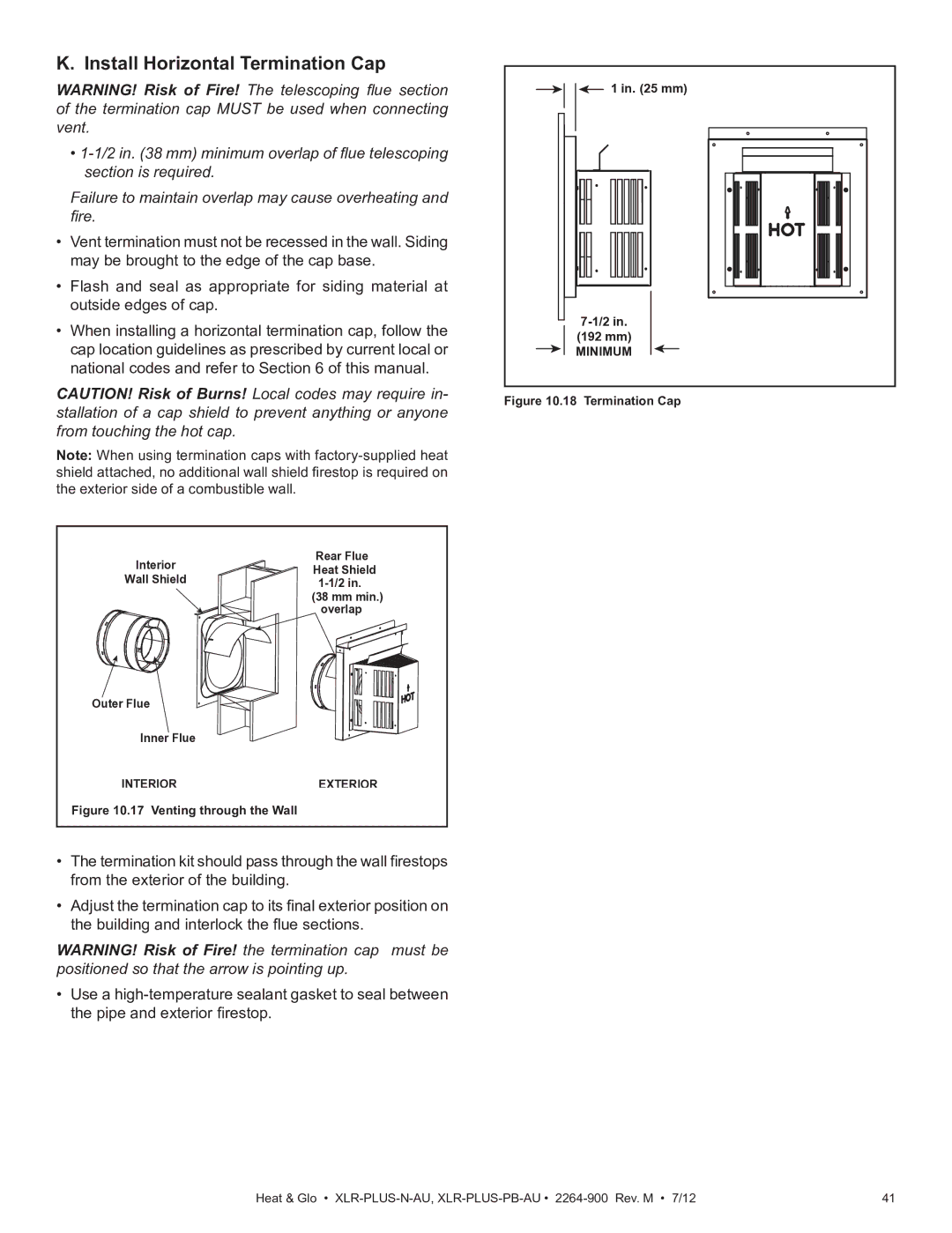 Heat & Glo LifeStyle XLR-PLUS-N-AU, XLR-PLUS-PB-AU manual Install Horizontal Termination Cap, Venting through the Wall 